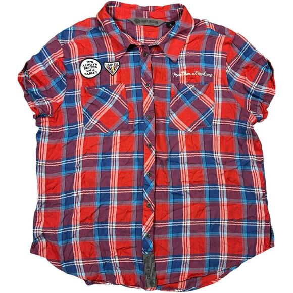 Harley-Davidson Red Plaid Short Sleeve Patch Flannel - Picture 1 of 5